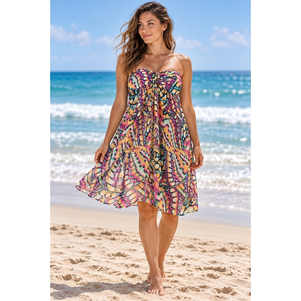 Kenneth Cole Reaction Butterfly Print Strapless Swim Cover Up Dress Large